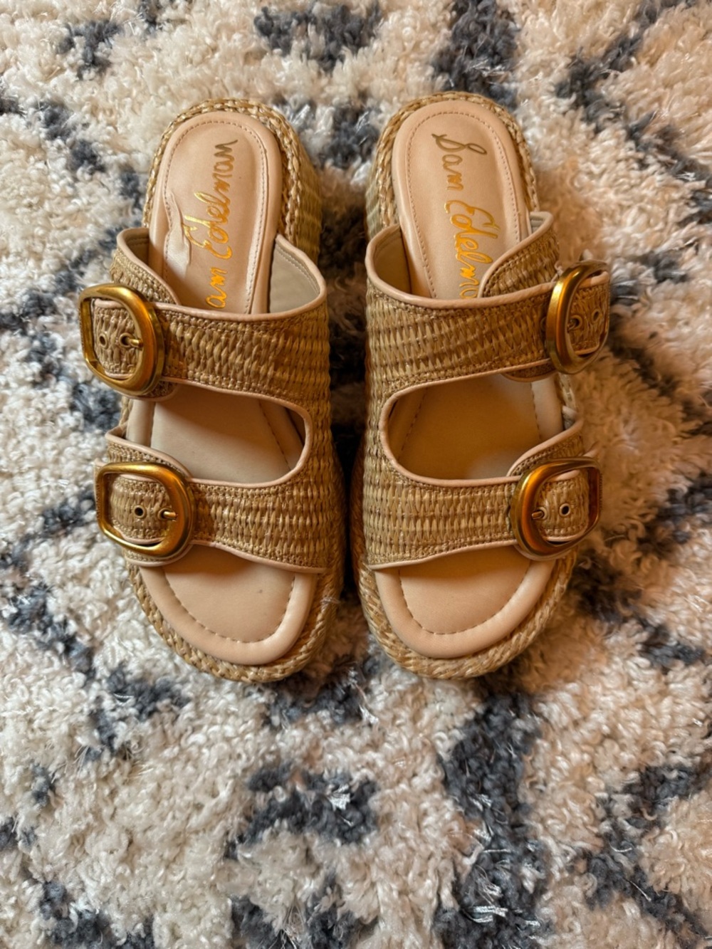 Sam Edelman Tan Woven Double Buckle Slide Mules